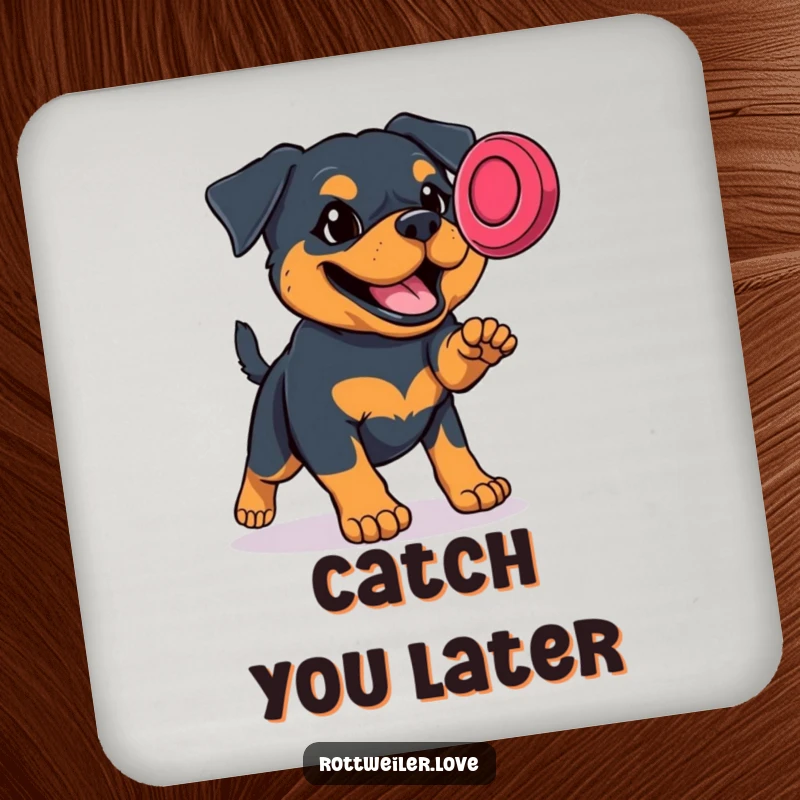 Funny Rottweiler drink coasters displaying a determined dog's dynamic frisbee catch, adding sporty charm to tabletops.