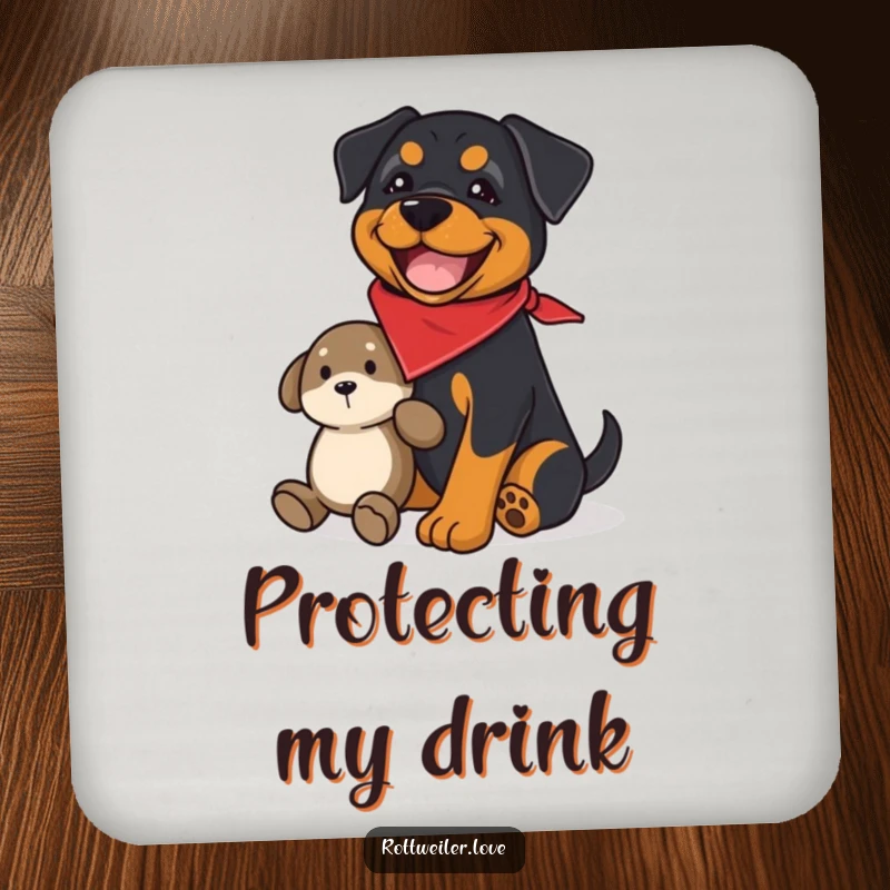 Funny rottweiler drink coaster featuring a joyful dog wearing a bandana, guarding a plush toy, adding humorous protection.