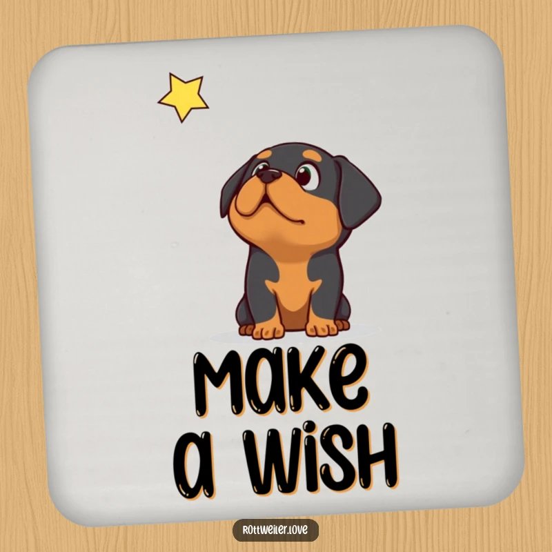 Funny Rottweiler dog looking up in surprise at a falling star, designed to protect surfaces as a drink coaster.