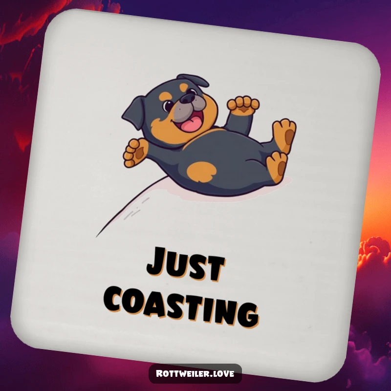 Funny Rottweiler coaster depicting a dog sliding on its back, paws in the air, adding humor to drink protection.