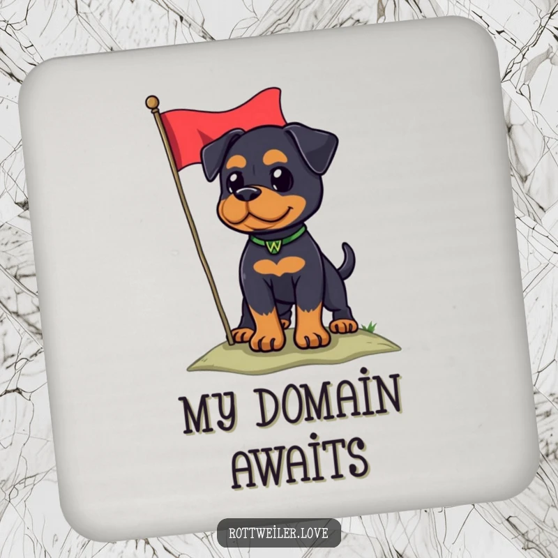 Funny Rottweiler dog on a hill with a flag, offering patriotic humor on these protective drink coasters.
