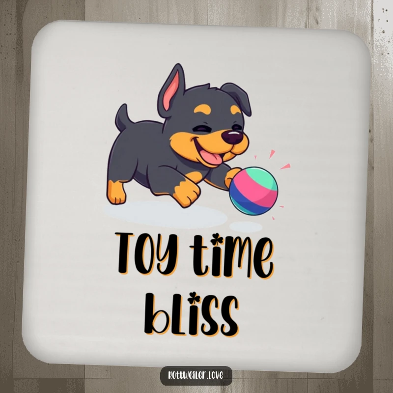 Funny Kawaii Rottweiler coaster with a playful dog chasing a toy, adding a humorous and cute accent to any table setting.