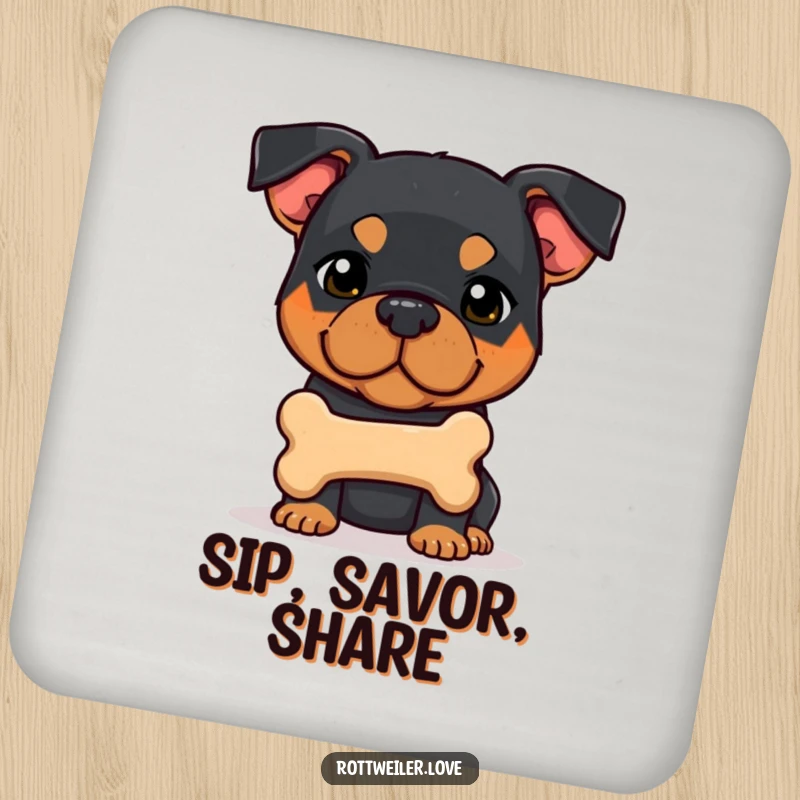 Funny shy Rottweiler dog offering a bone, featuring sweet canine humor on these protective drink coasters.
