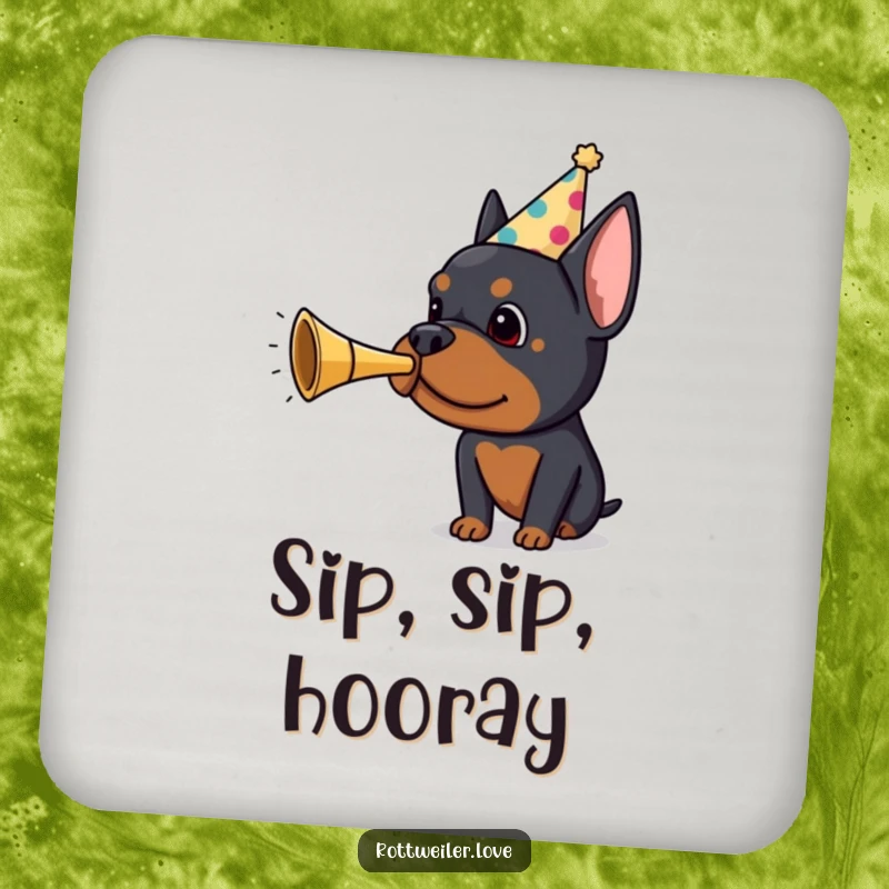 Funny Rottweiler drink coasters featuring a dog in a party hat blowing a tiny horn, protecting surfaces with comical celebration and style.