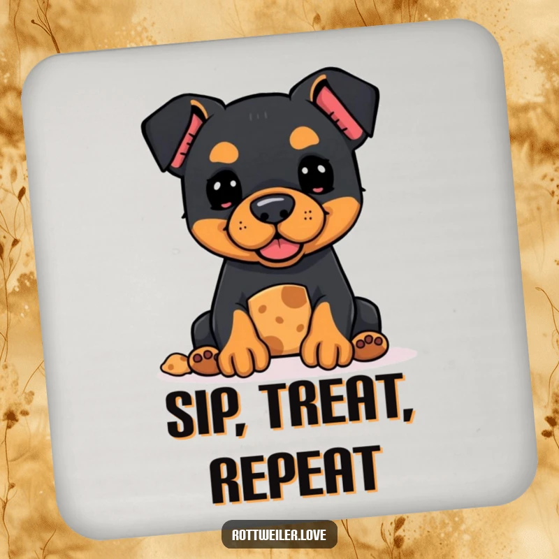 Funny Kawaii Rottweiler coaster featuring a hopeful dog offering a treat, protecting surfaces with adorable humor.