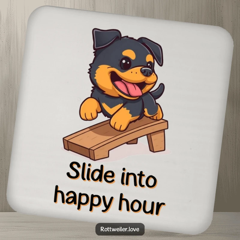 Funny Rottweiler coaster set featuring a happy Rottweiler sliding down a ramp, mid-bark. Protects surfaces with humor. Cork-backed.