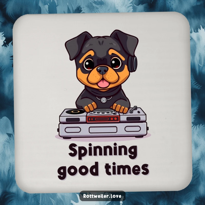 Funny Rottweiler DJ coaster set featuring a Rottweiler with headphones, DJing. Protects surfaces with humor. Cork-backed.
