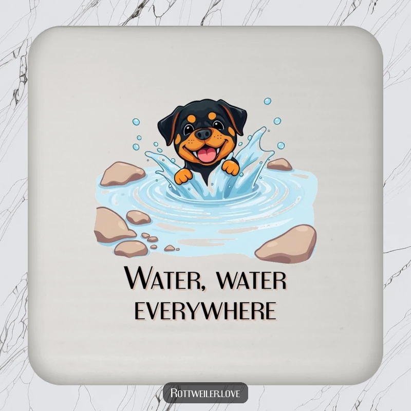 Funny Rottweiler Drink Coaster featuring a dog playfully splashing in a clear, cool stream, adding a touch of fun.