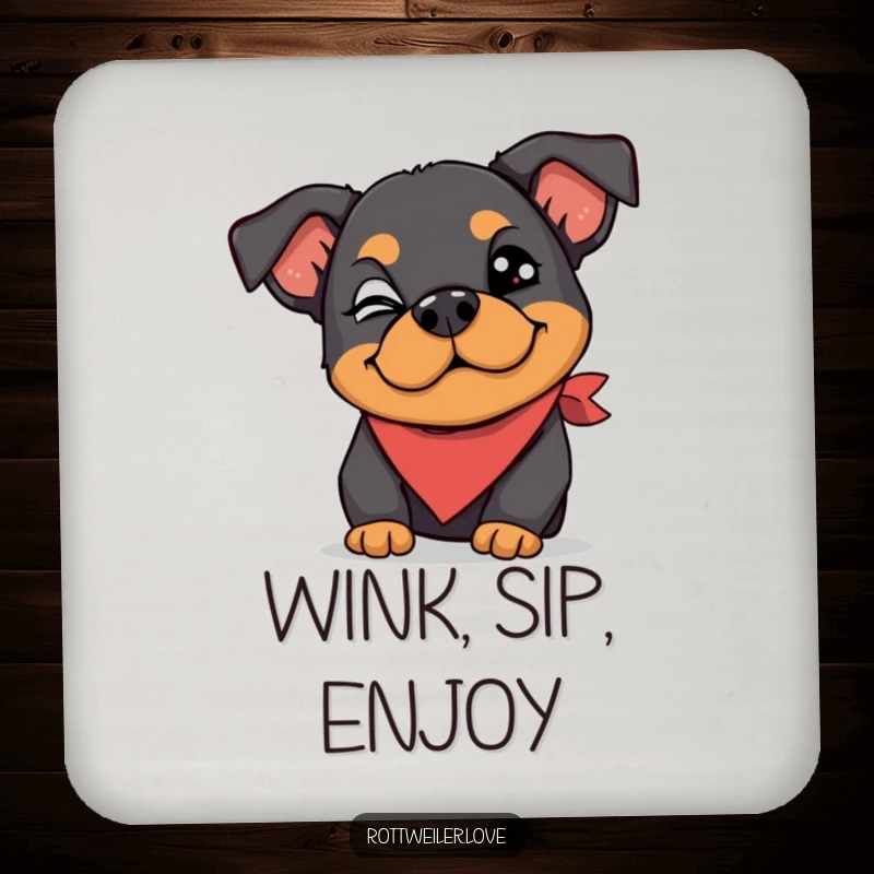 Funny Rottweiler coaster featuring a dog wearing a silly bandana and giving a playful wink, adding playful charm and surface protection.
