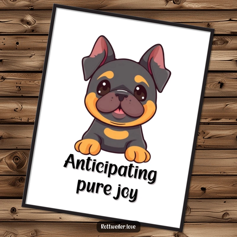 Funny Kawaii Rottweiler poster showing a dog with perked ears, looking excitedly at something fun, adding a playful touch to decor.