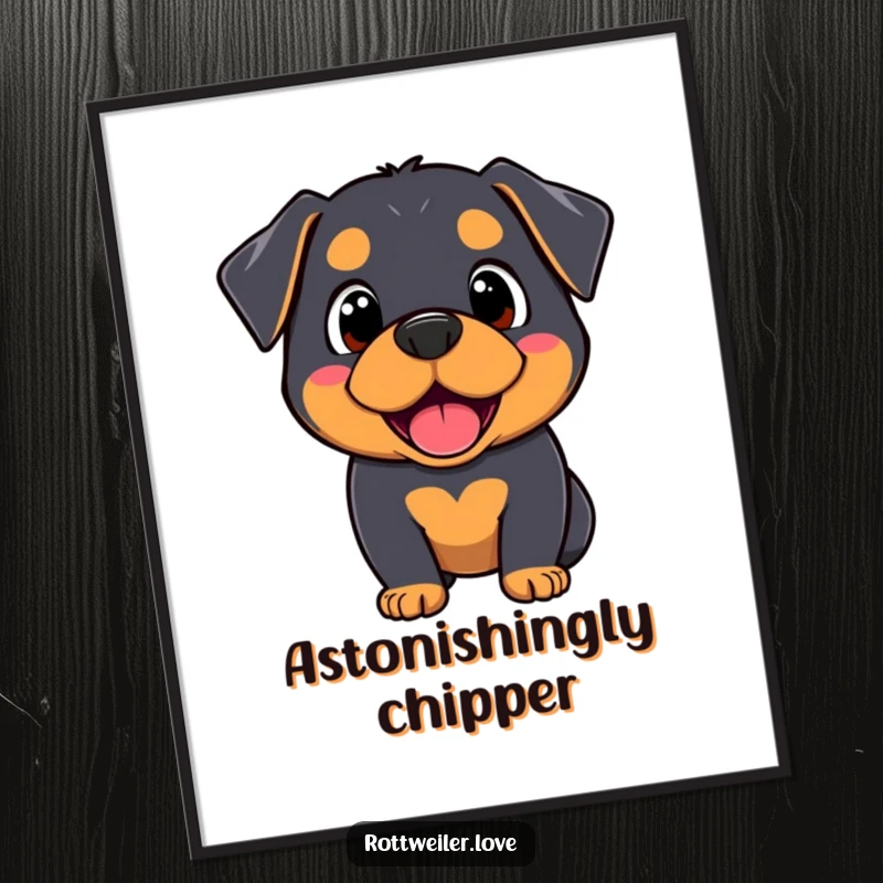 Funny Kawaii Rottweiler poster illustrating a dog’s comically surprised but delighted expression, ideal for adding humor to any room.