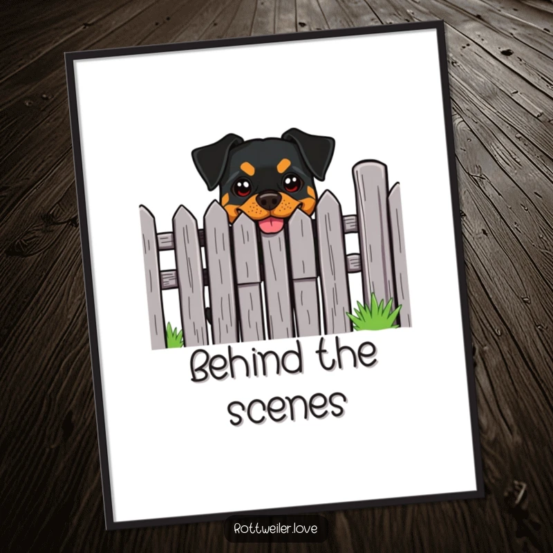 Funny Rottweiler Poster: A Rottweiler with a cheeky grin peeks from behind a fence, a welcoming sight.