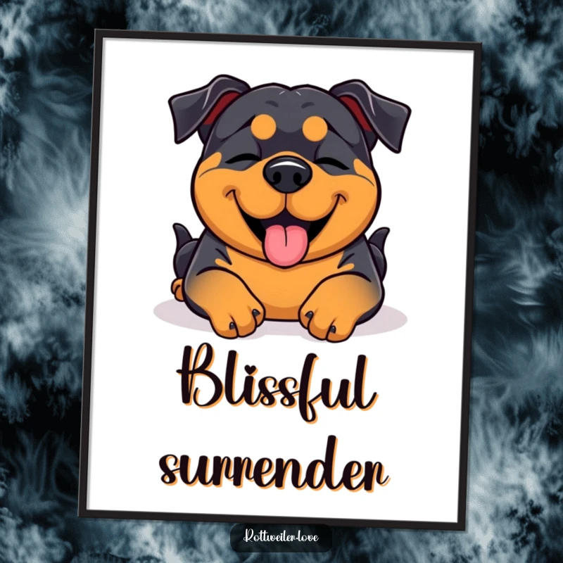 Funny Rottweiler artwork depicting pure bliss with closed eyes during a belly rub, creating a heartwarming poster.