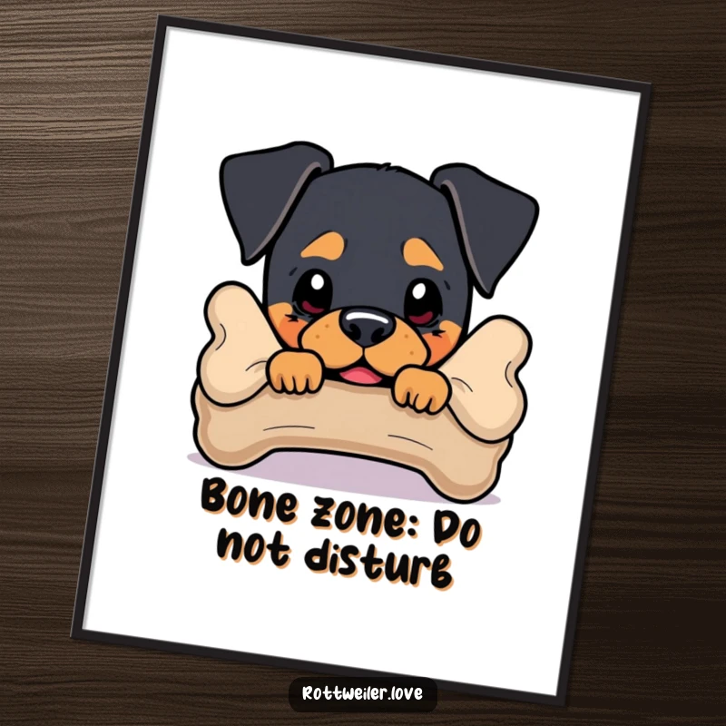 Funny Rottweiler Poster art of a dog peeking from behind a large bone, capturing a moment of playful mischief.