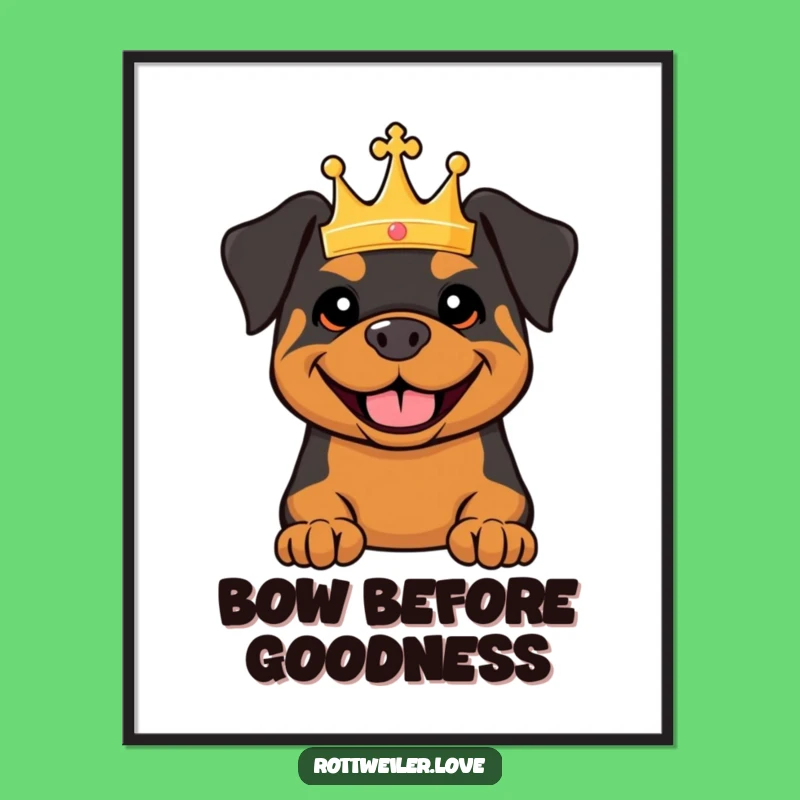 Funny Royal Rottweiler Poster: Tiny Crown Smile Art, Humorous Decor Gift
