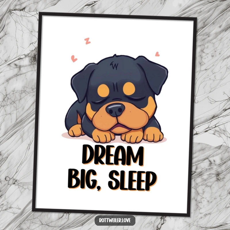 Funny sleepy Rottweiler dog dreaming with closed eyes, depicting peaceful slumber humor in this wall art poster.