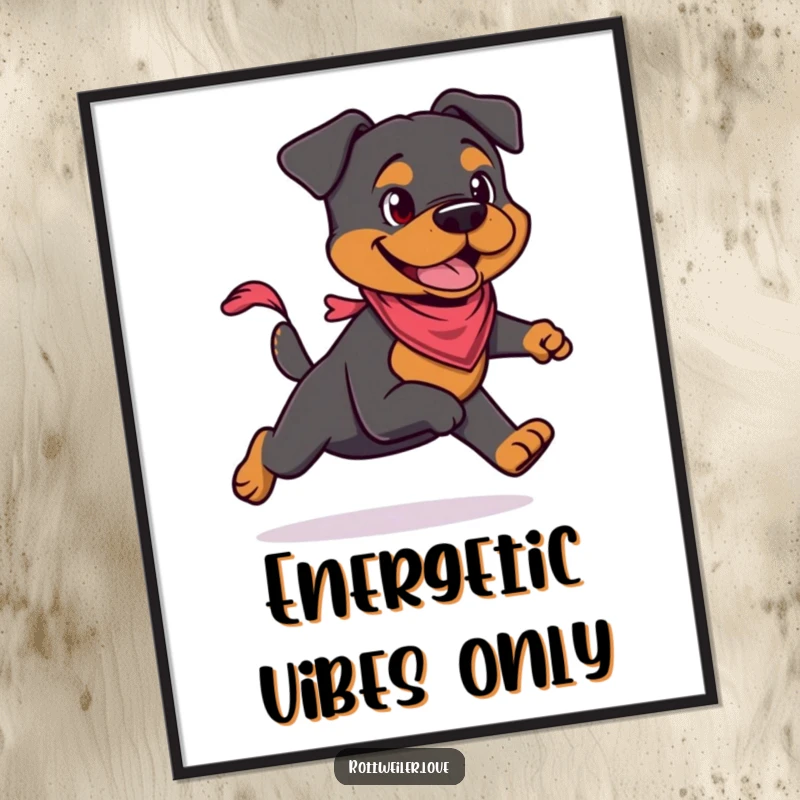 Funny Rottweiler poster of an energetic Rottweiler wearing a small bandana, captured mid-run. High-quality print for vibrant display.