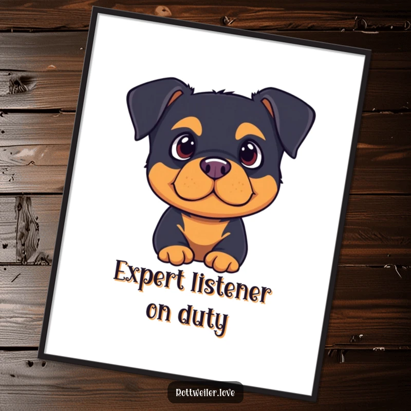 Cute rottweiler with ears perked, listening intently with a focused gaze, featured as humorous wall art.