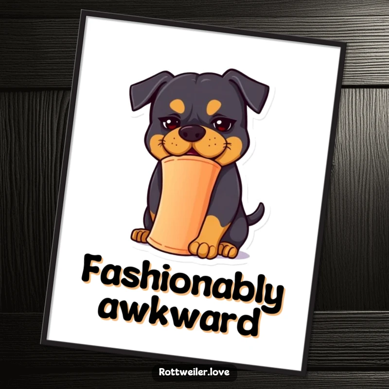 Funny Rottweiler Poster: A Rottweiler with a goofy expression attempts to balance a cone, a picture of silliness.