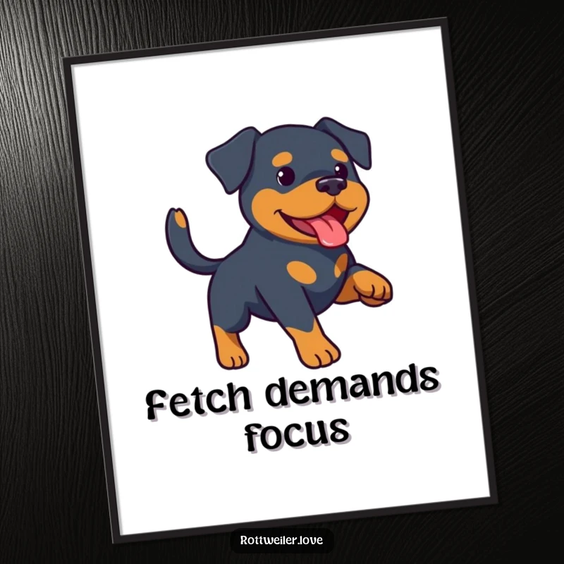 Funny Rottweiler poster capturing a Rottweiler mid-leap, enthusiastically chasing a ball during a game of fetch. Vibrant wall art.