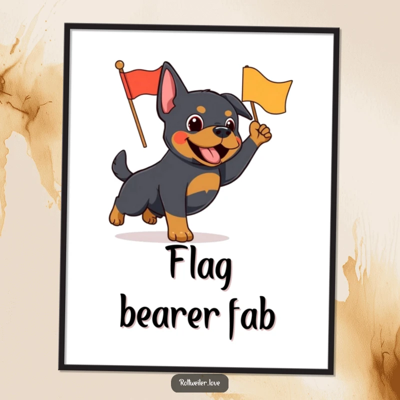 Funny Rottweiler poster showing an energetic dog enthusiastically waving a small flag, capturing a moment of spirited celebration.