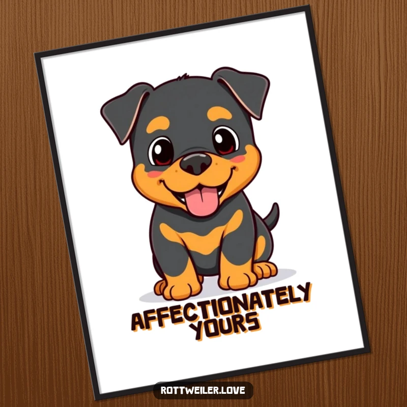 Funny Kawaii Rottweiler poster of a happy dog offering a gentle head nudge, conveying affection and warmth to wall decor.