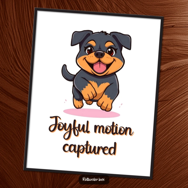 Funny Kawaii Rottweiler poster showcasing a determined and cheerful dog in mid-run, adding a dynamic and happy element to wall decor.
