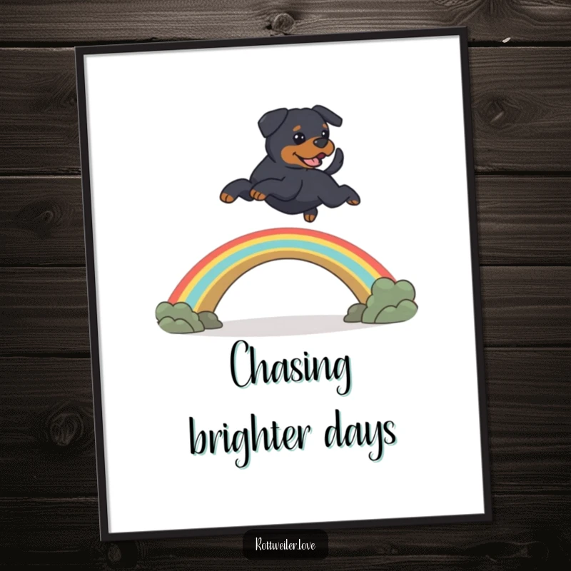 Funny Rottweiler dog leaping over a rainbow bridge, depicting heartwarming pet memorial humor in this wall art poster.