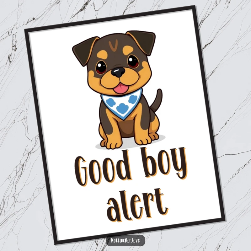 Funny Rottweiler poster of a dog wearing a bandana, tail wagging joyfully, adding humor to any wall space.