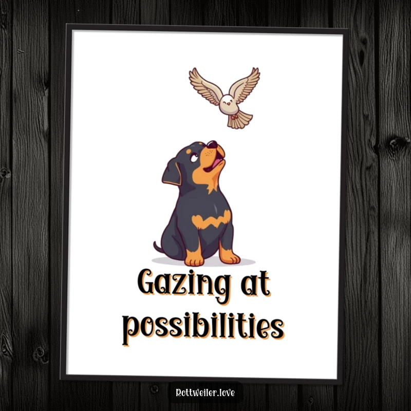 Funny Rottweiler Poster of a dog looking up with enthusiasm at a soaring bird, capturing a moment of pure awe and connection.