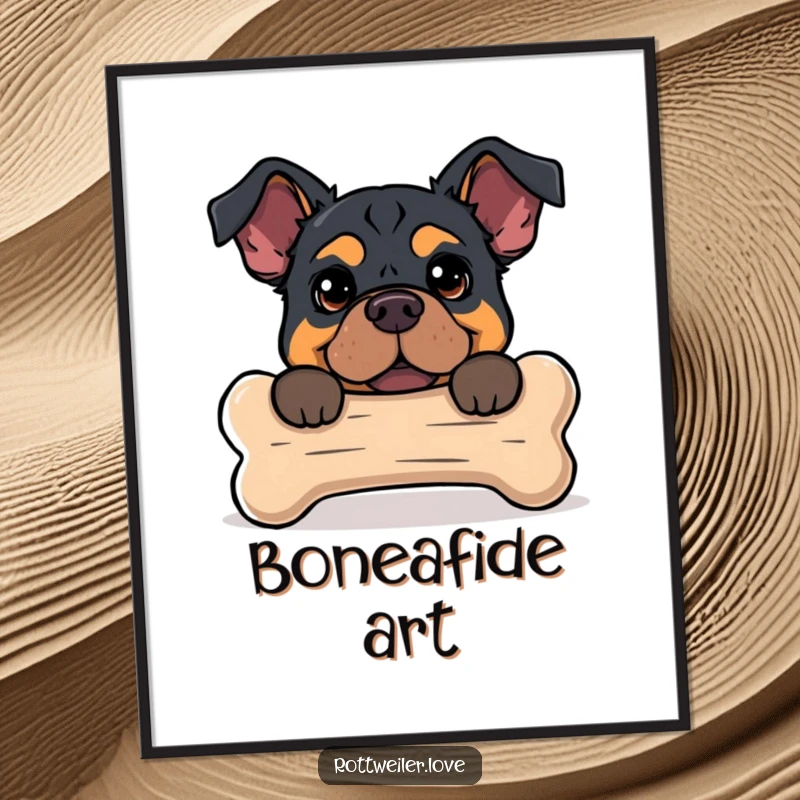 Funny poster of a Rottweiler humorously peeking from behind an oversized dog bone, creating eye-catching and amusing wall art.