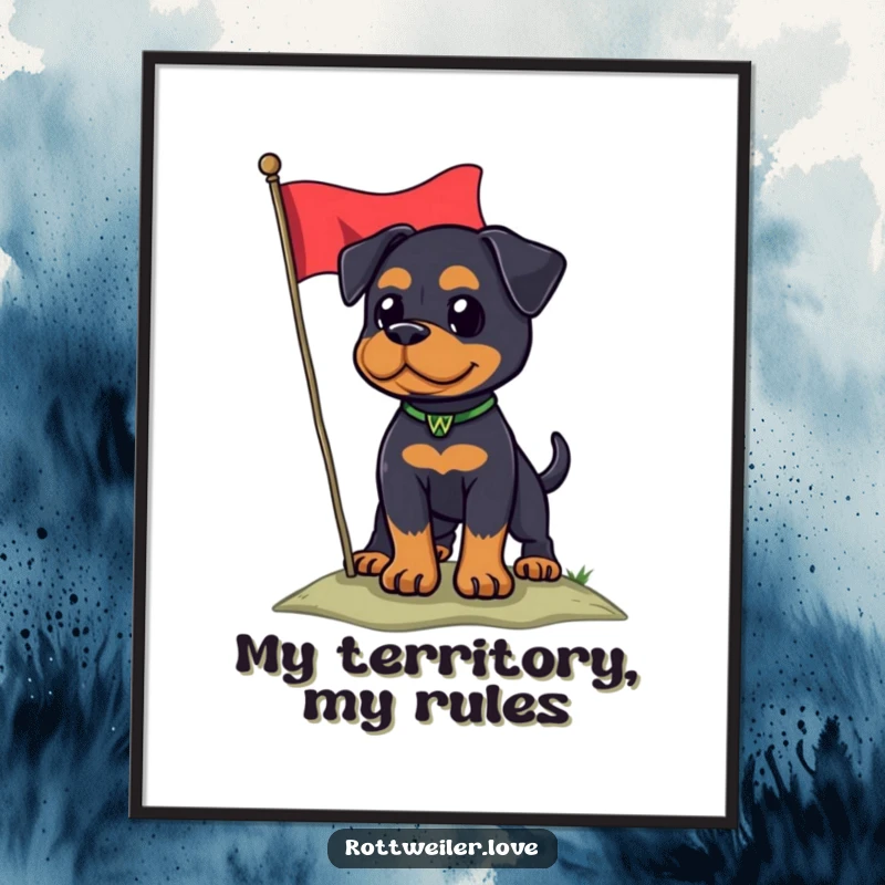 Funny Rottweiler dog proudly holding a flag on a hill, conveying patriotic humor in this wall art poster.