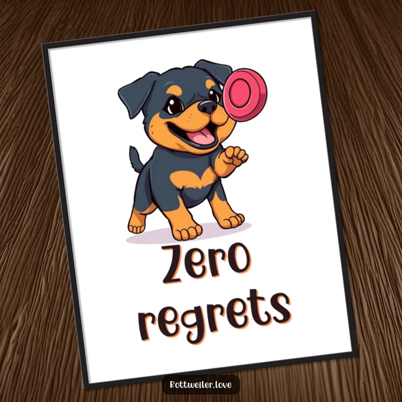 Funny Rottweiler poster featuring a determined dog mid-jump, executing a perfect frisbee catch, bringing athletic humor to any room.