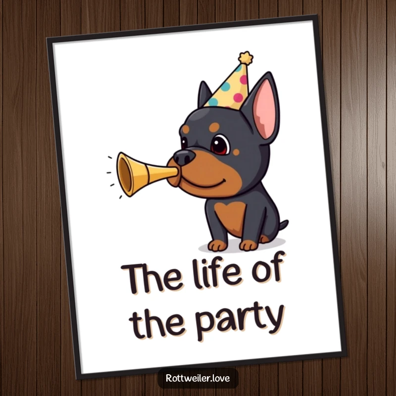 Funny Rottweiler party poster of a dog wearing a party hat and blowing a small horn, vibrant and full of celebratory, comical energy.