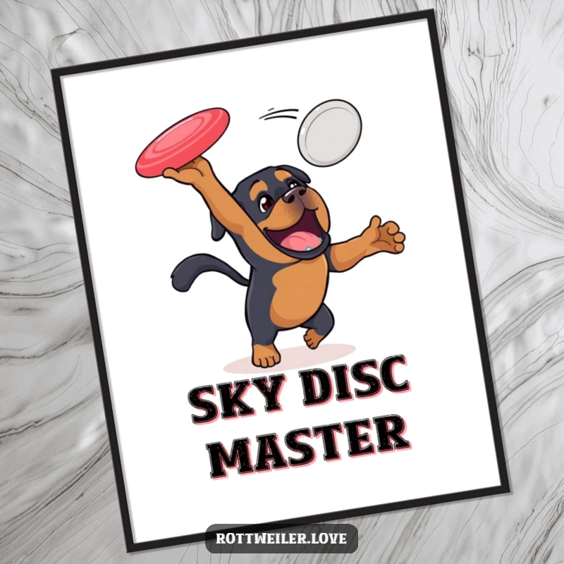 Funny Rottweiler poster showing a dog in mid-air, enthusiastically attempting to catch a flying disc, capturing dynamic action and playful spirit.