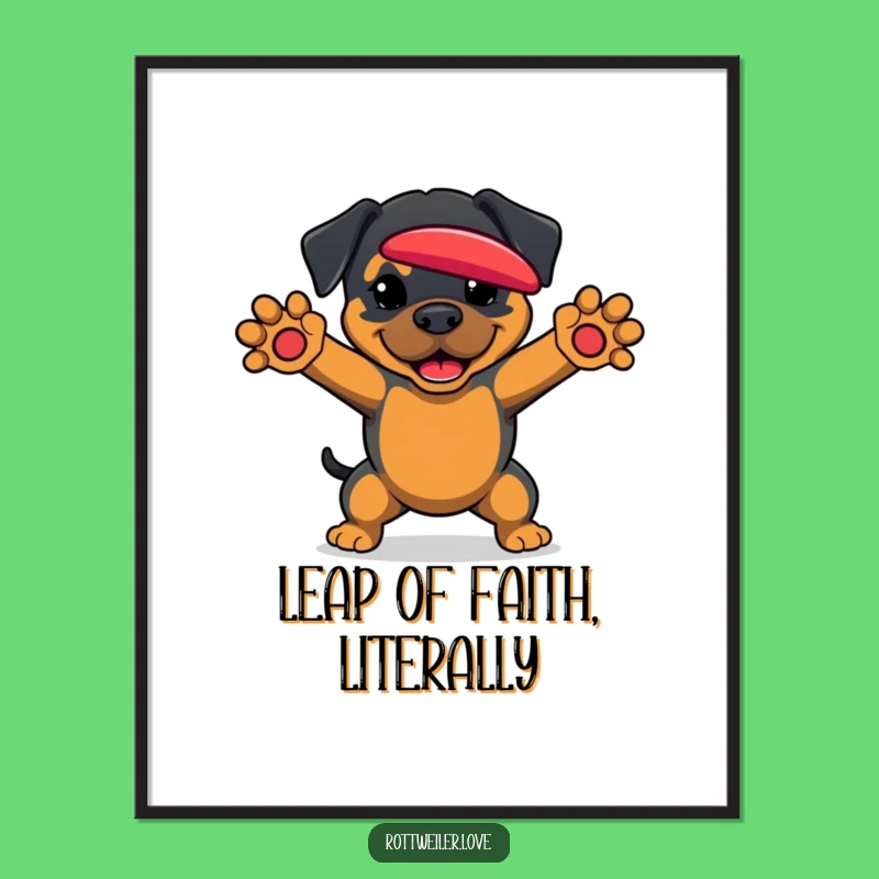 Funny Rottweiler Poster: Dynamic Dog Art Gift Catching Frisbee