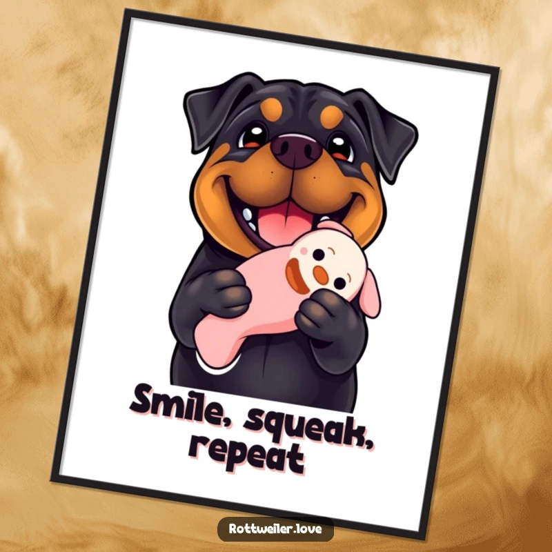 Funny Rottweiler poster capturing a dog's huge smile while holding a floppy squeaky toy, creating an atmosphere of pure, joyful canine fun.
