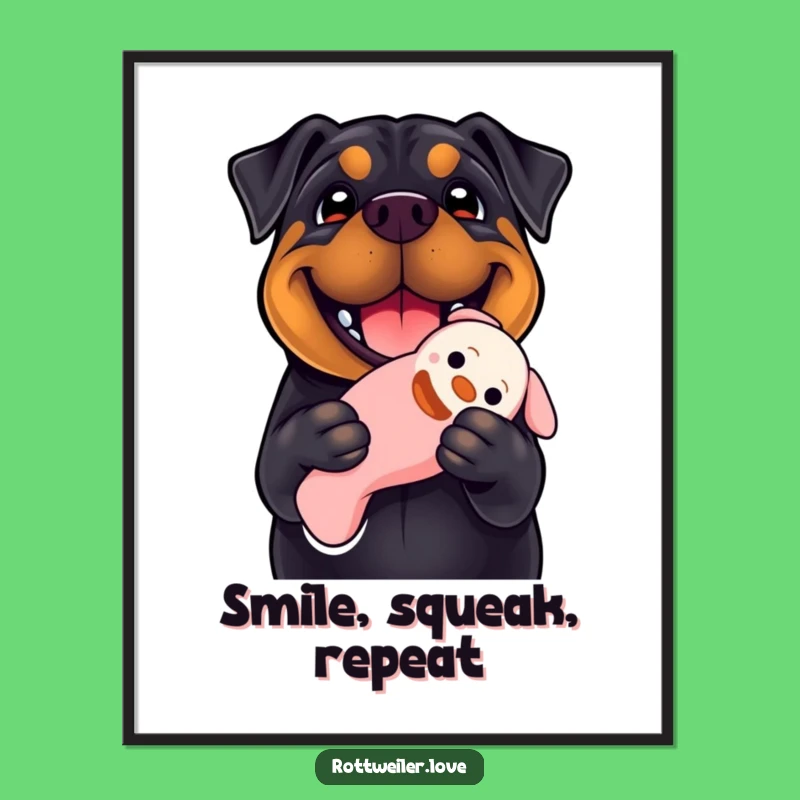 Funny Rottweiler Poster: Huge Smile, Squeaky Toy, Joyful Dog Wall Art!