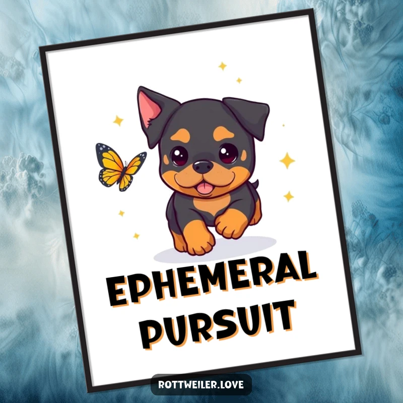 Funny Rottweiler Poster featuring a kawaii rottweiler surrounded by glittering sparkles, playfully pursuing a delicate butterfly.