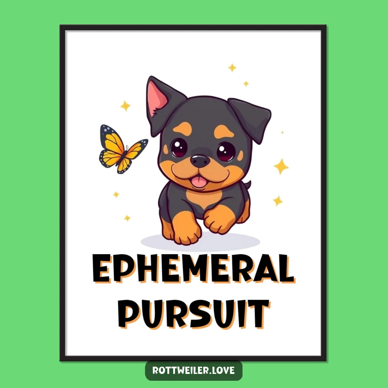 Funny Rottweiler Poster: Sparkly Butterfly Chase - Wall Art Gift!