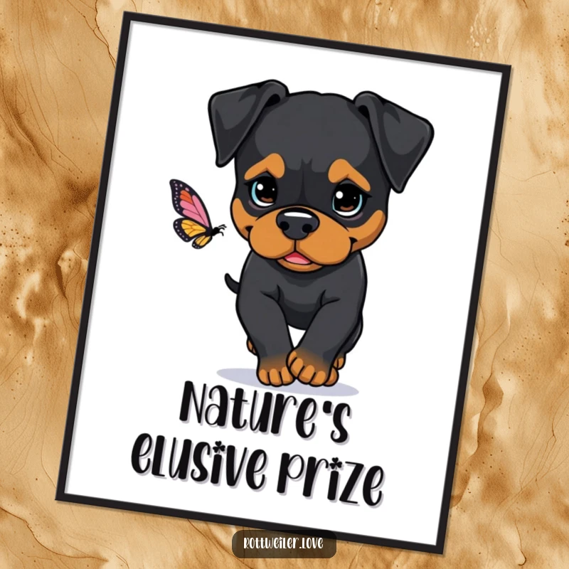 Funny Rottweiler poster depicting a dog with a determined gaze, actively chasing a delicate butterfly, symbolizing focused determination.