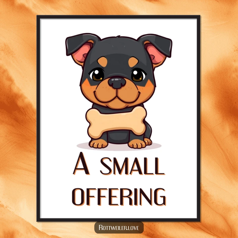Funny, shy Rottweiler dog offers a juicy bone, depicting sweet canine humor in this wall art poster.