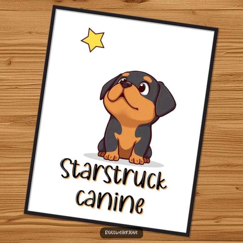 Funny Rottweiler dog looking up in surprise at a brilliant falling star, featured as a captivating poster print.