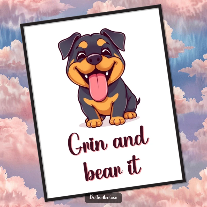 Funny Kawaii Rottweiler Poster depicting a joyful dog with a huge, happy grin and its tongue lolling out, radiating infectious cheer.