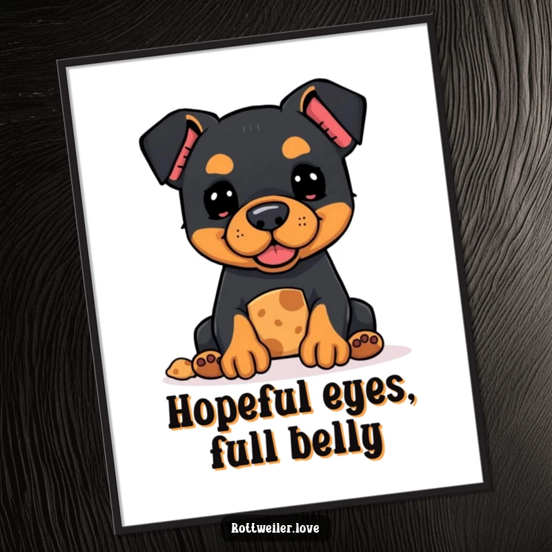 Funny Kawaii Rottweiler poster featuring a hopeful dog offering a treat, ideal for adding cute and funny decor.
