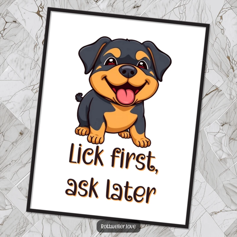 Funny rottweiler poster displaying a dog's joyous lick and happy expression, bringing warmth and humor to wall decor.