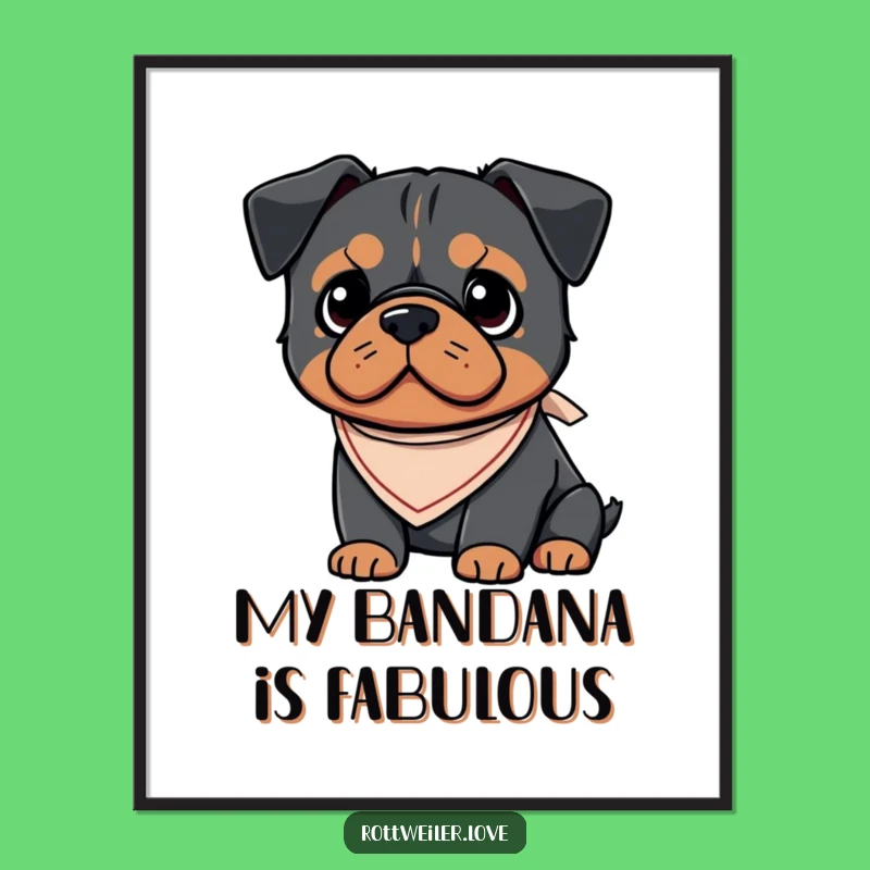 Funny Kawaii Rottweiler Bandana Poster, Cute Dog Wall Art, Adorable Puppy Decor