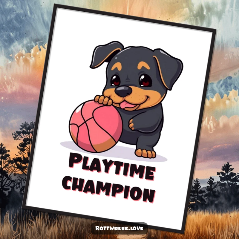 Funny Rottweiler poster of a dog energetically nudging a large, bouncy ball, capturing a moment of pure, unadulterated canine playfulness.