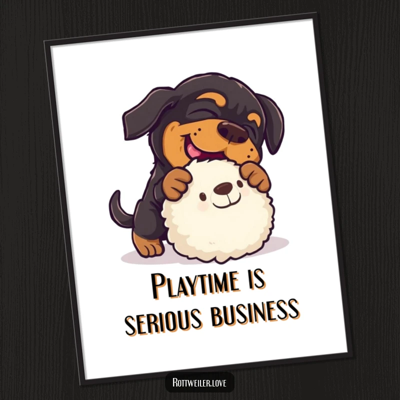 Funny rottweiler poster illustrating a dog leaping energetically to pounce on a fluffy stuffed toy, conveying playful excitement.