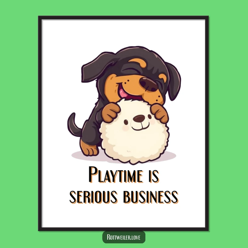 Funny Rottweiler Pounce Poster: Playful Dog Art, Toy Attack Decor!